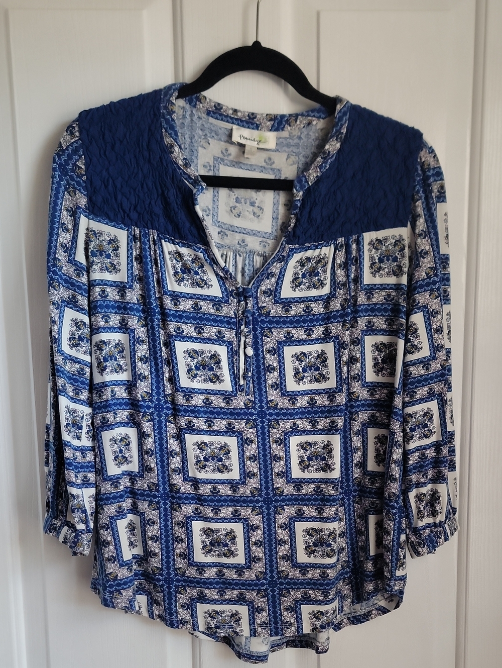 Porridge Anthropologie Blue and White Printed Tunic Blouse Small S